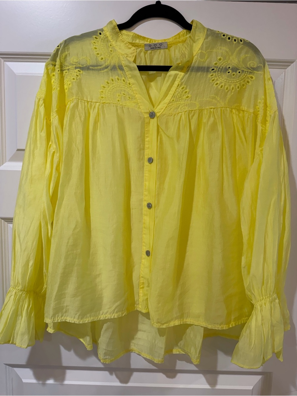 Women's Yellow Button-Down Eyelet Yoke Blouse